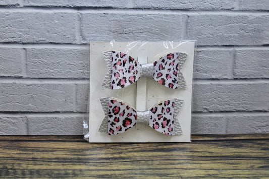 Silver & Pink Cheetah Print Pigtails/ Mini Hair Bows