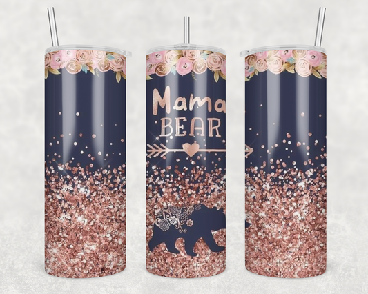 Mama Bear With Faux Glitter Tumbler